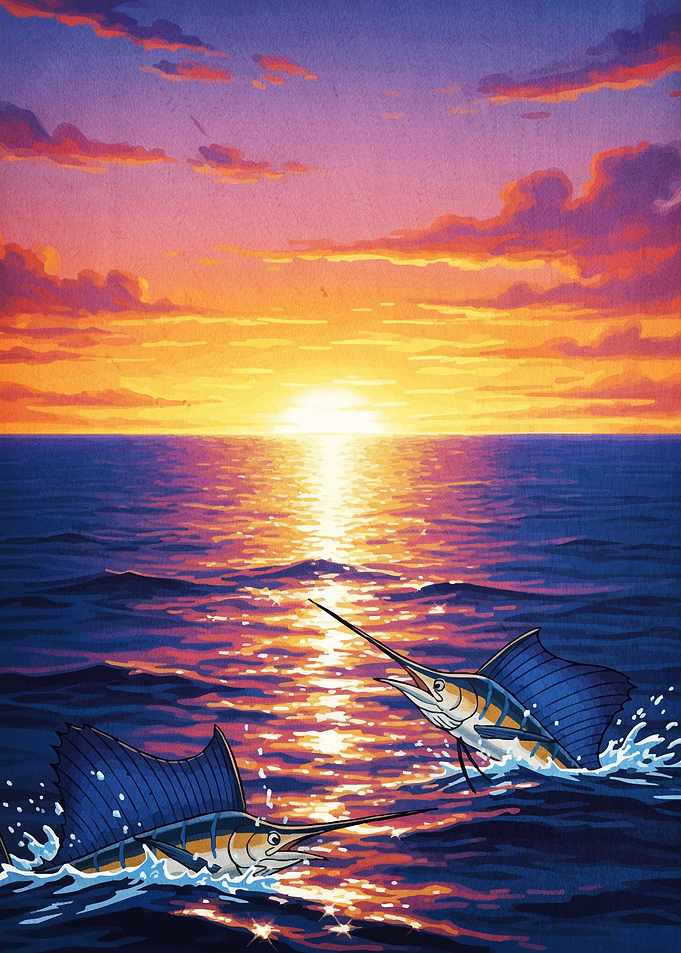 Sailfish jumping sunset ocean scene