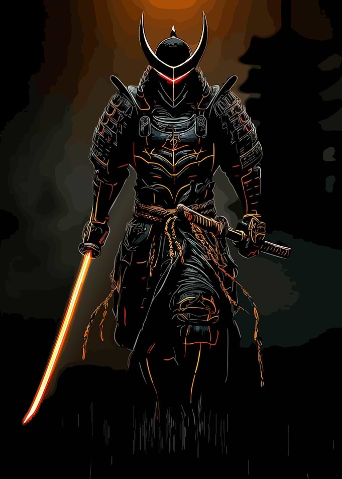 Cyberpunk Samurai Warrior with Glowing Swords