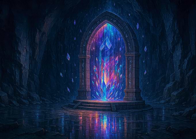 Mystical Crystal Portal in Dark Cave