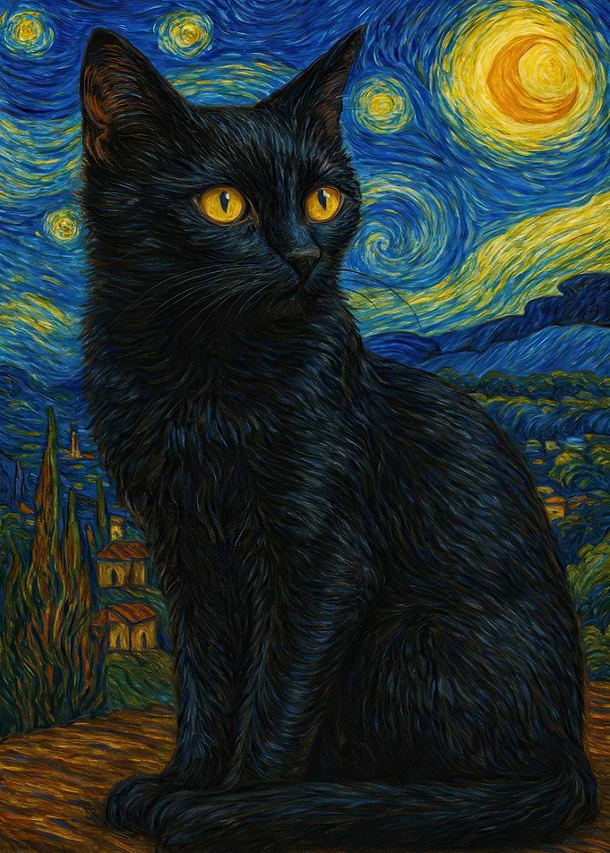 Black Cat in Starry Night