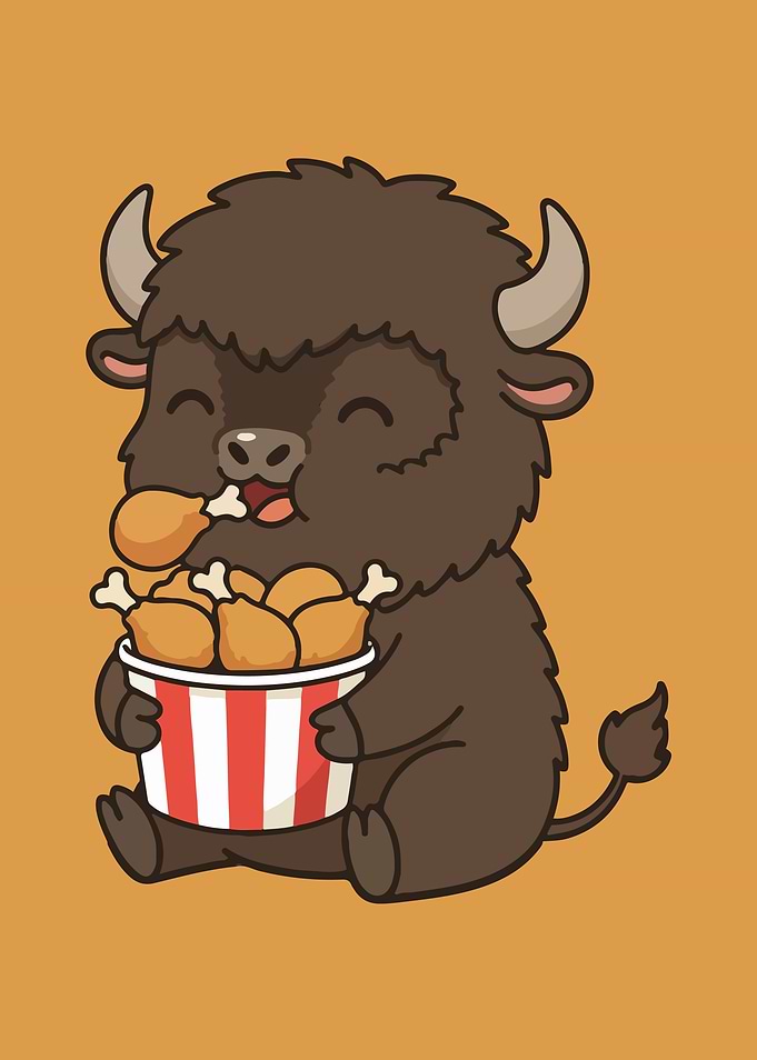 Cartoon Buffalo Eating Fried Chicken