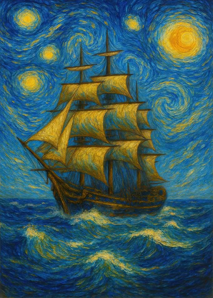 Sailing Ship Under Starry Night Sky