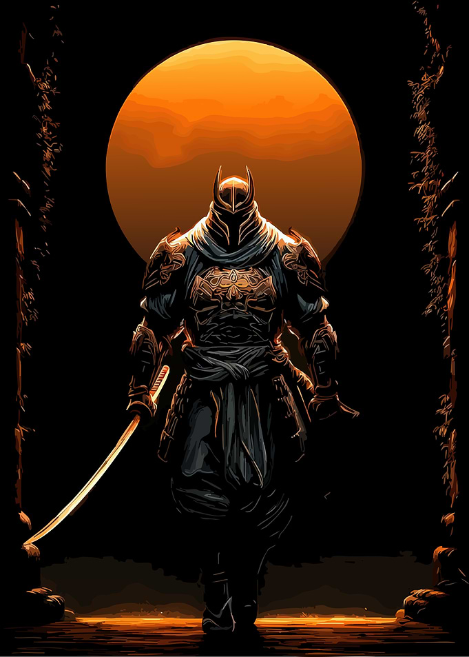 Armored Warrior with Katana and Moon