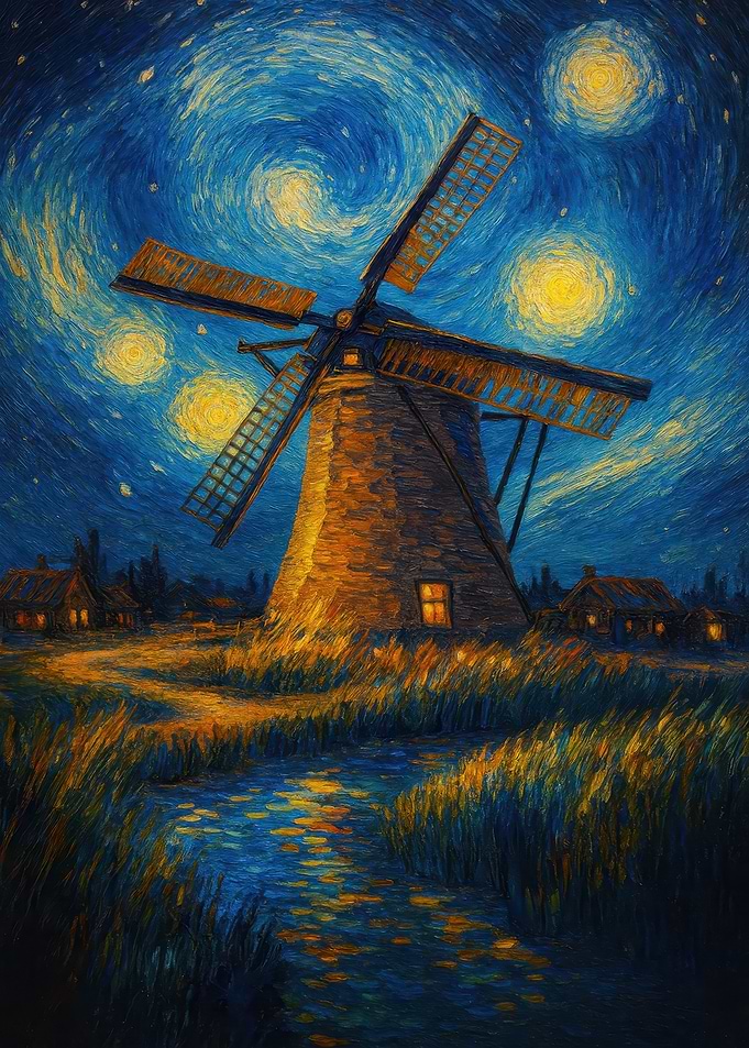 Windmill under a Starry Night