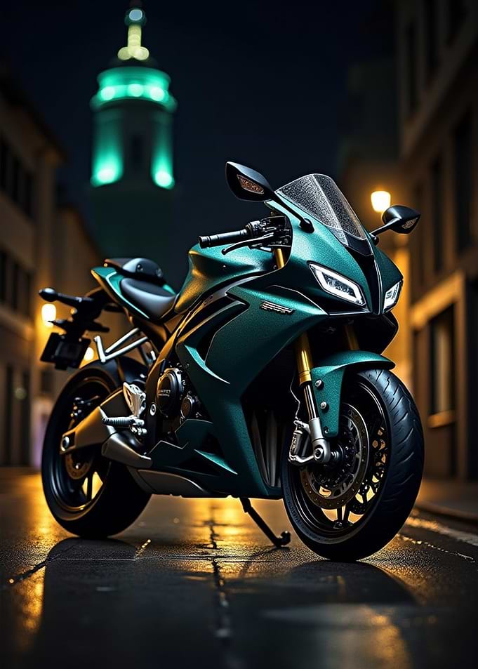 Emerald Motorcycle at Night