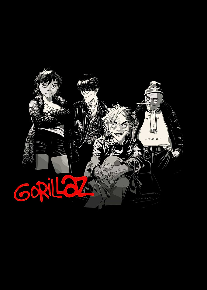 Gorillaz band members monochrome illustration
