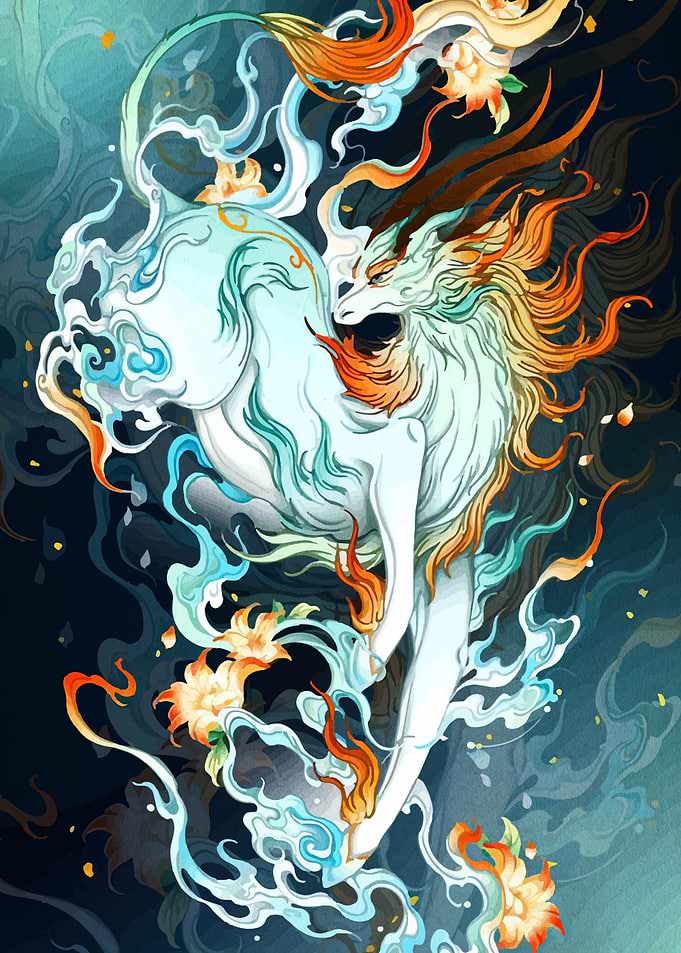 Qilin illustration with floral accents