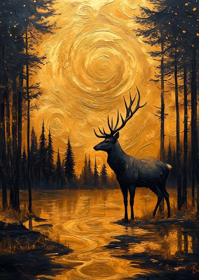 Golden Deer in Forest Landscape Painting