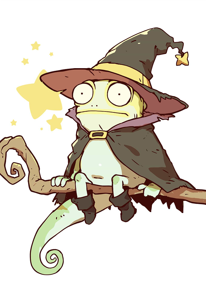 Cartoon Chameleon Wizard on Branch