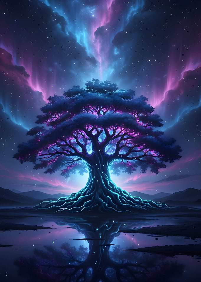 Mystical Tree Under Aurora Sky