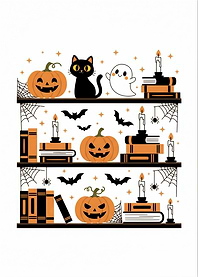 Halloween Bookshelf with Pumpkins and Ghost