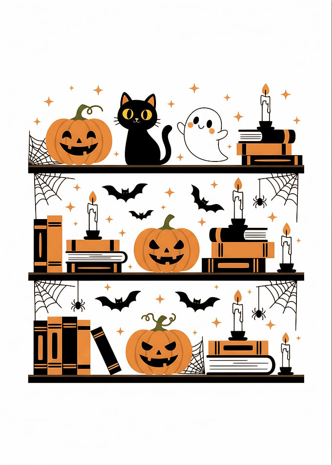 Halloween Bookshelf with Pumpkins and Ghost