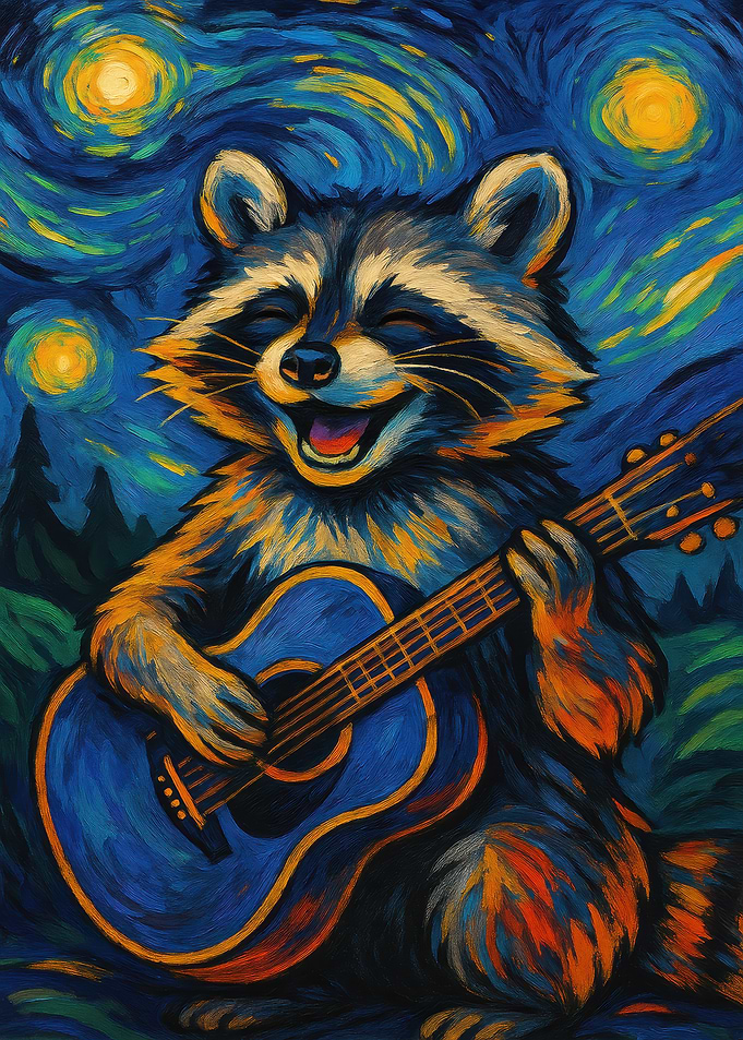 Raccoon playing guitar in starry night