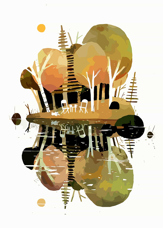 Autumnal Lakeside Cabin Reflection Art