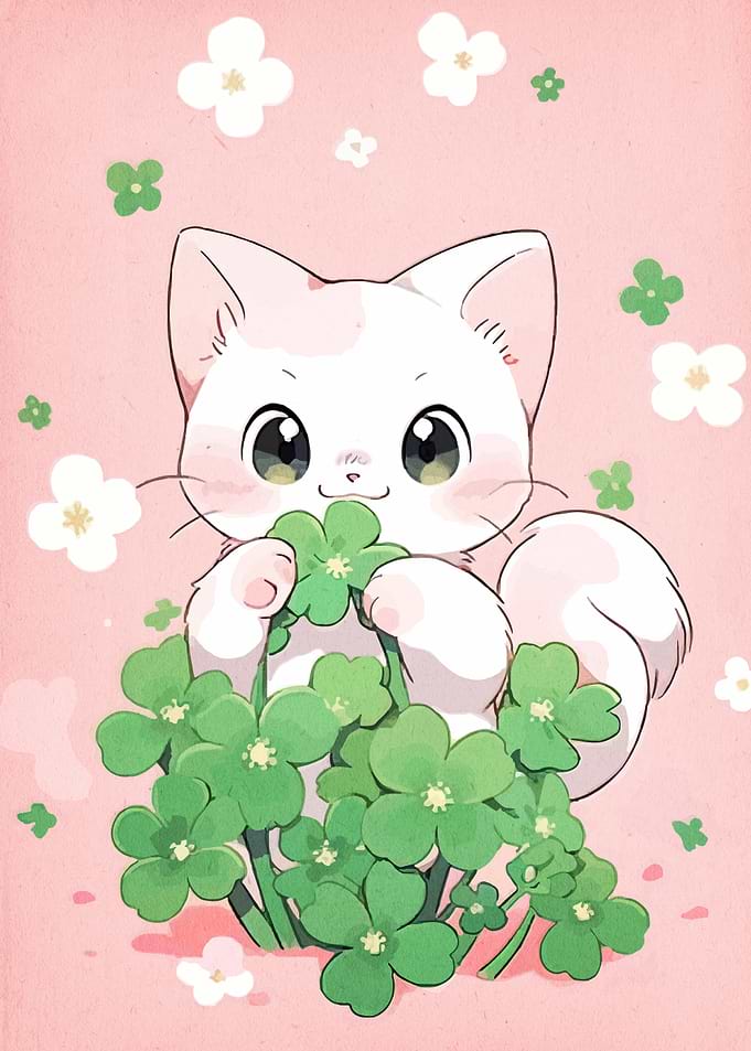 Cute Cat with Clovers Illustration
