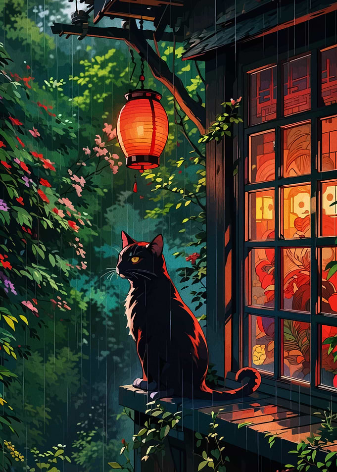 Black cat in the rain