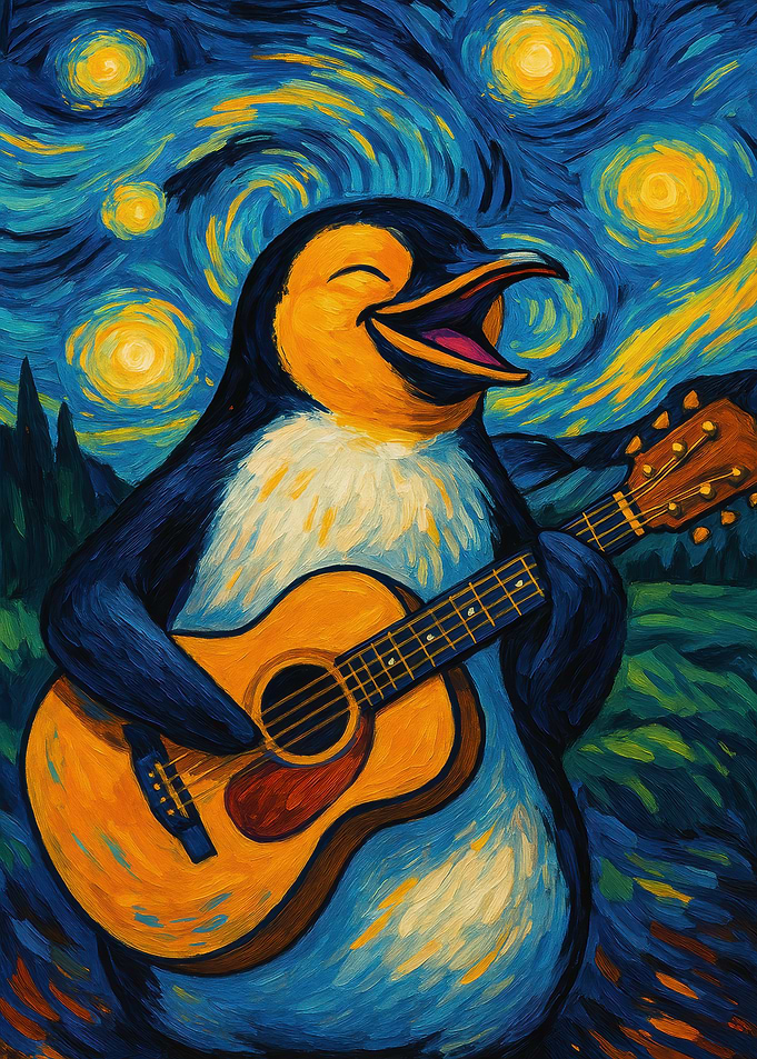 Penguin Guitarist in Starry Night Style