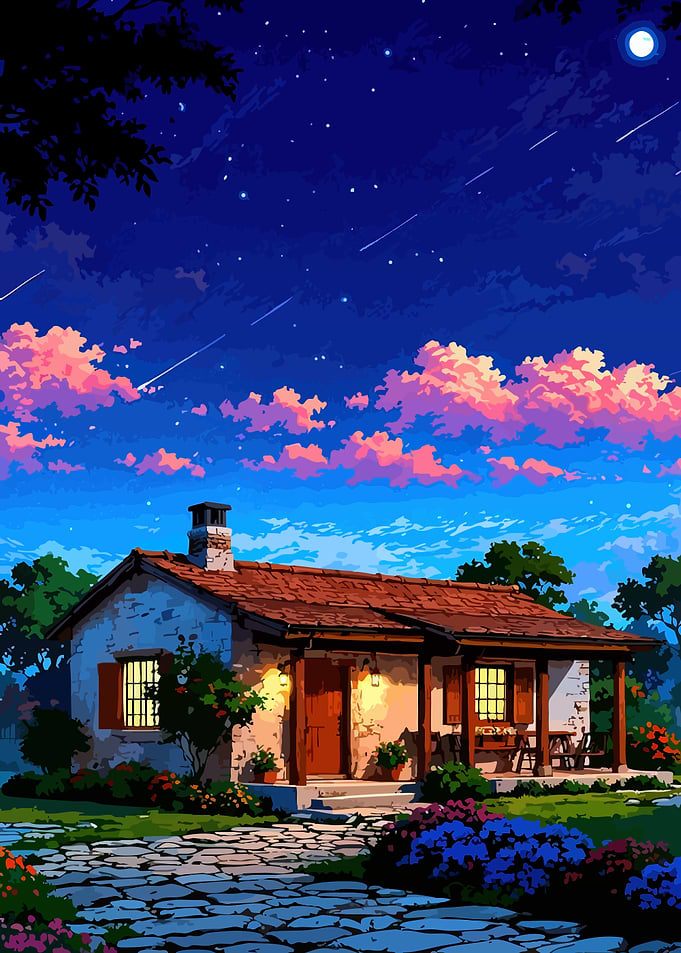 Cozy House Under Starry Night Sky