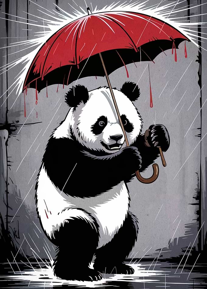 Panda in Rain with Red Umbrella