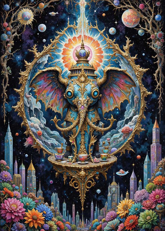 Surreal Elephant Tea Party in Space