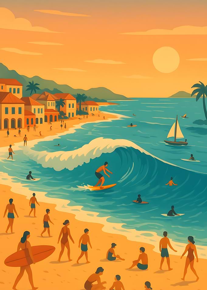 Beach scene with surfers and buildings
