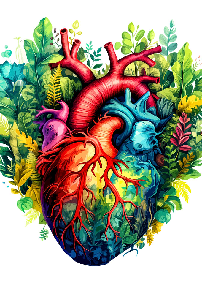 Anatomical Heart Surrounded by Lush Foliage