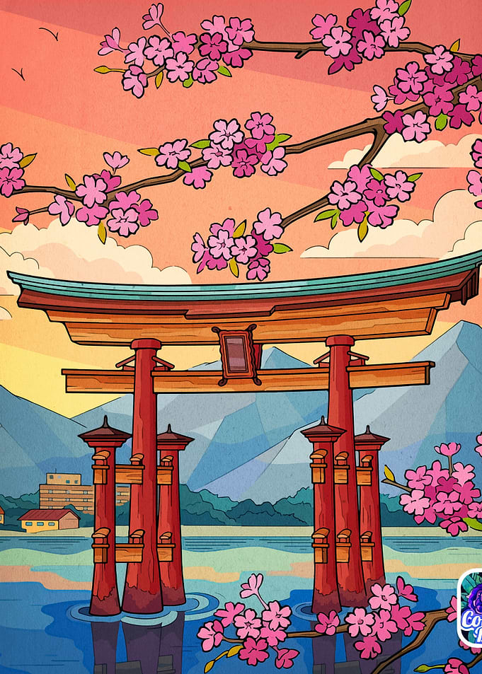 Japanese Torii Gate with Cherry Blossoms