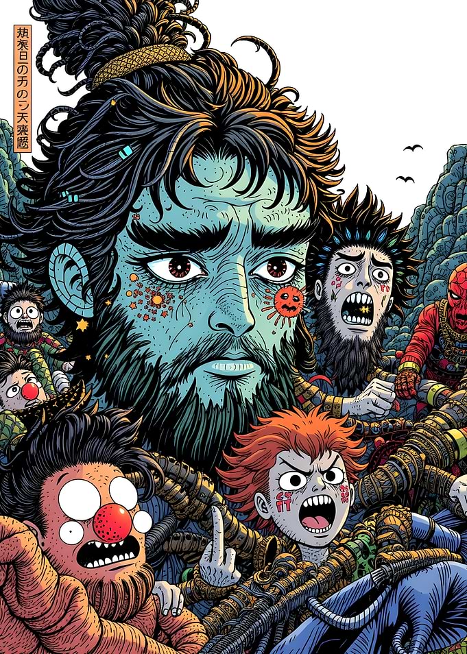 Cartoonish Crowd with a Giant Blue Face