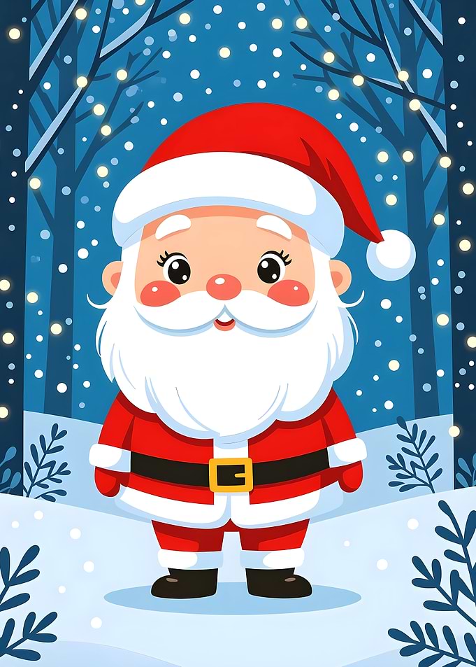 Cartoon Santa Claus in Winter Forest