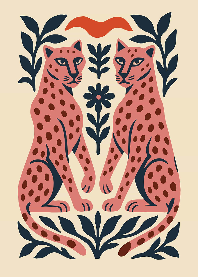 Twin Leopards with Floral Ornament Poster