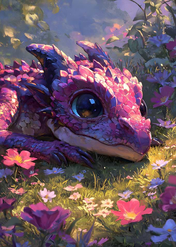Cute Pink Dragon in Flower Meadow