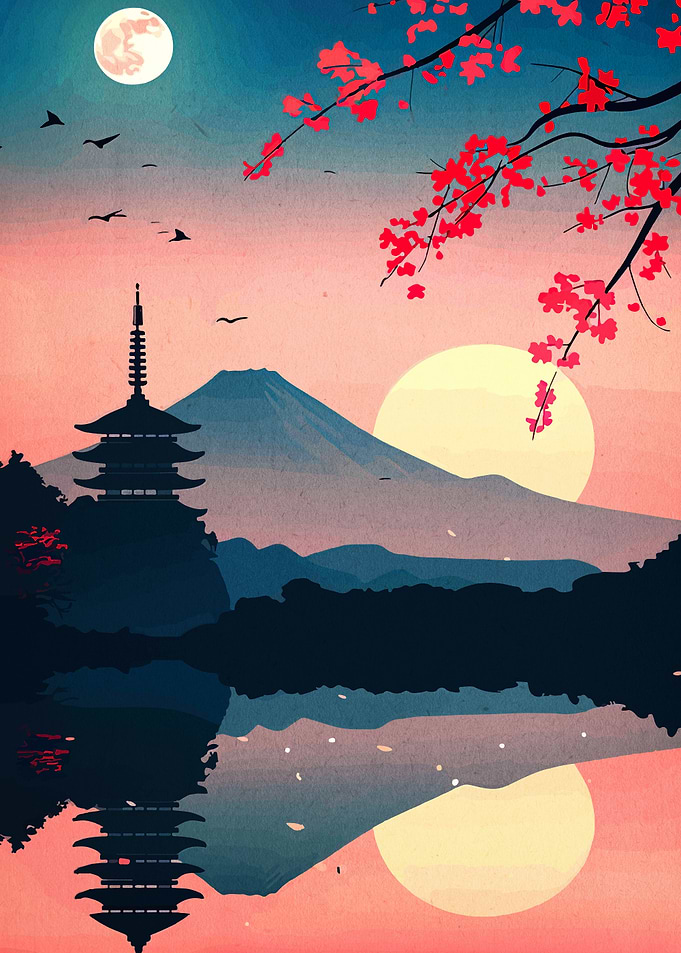Japanese Landscape with Pagoda and Cherry Blossoms