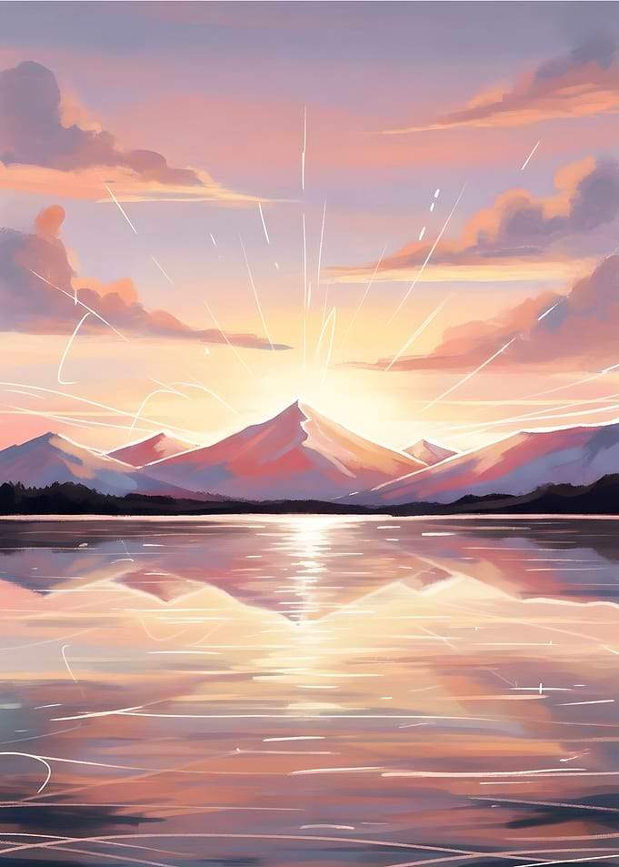 Mountain Lake Sunset Reflection Painting