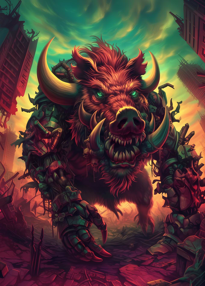 Cyberpunk Boar Monster in Ruined City