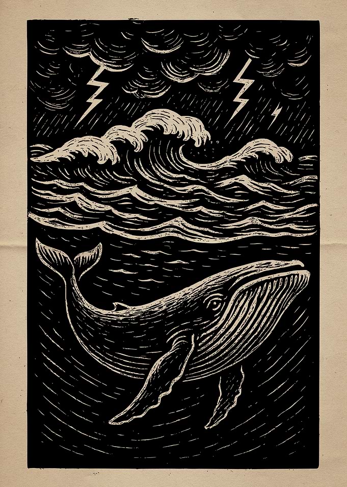 Whale in Stormy Sea Woodcut Illustration