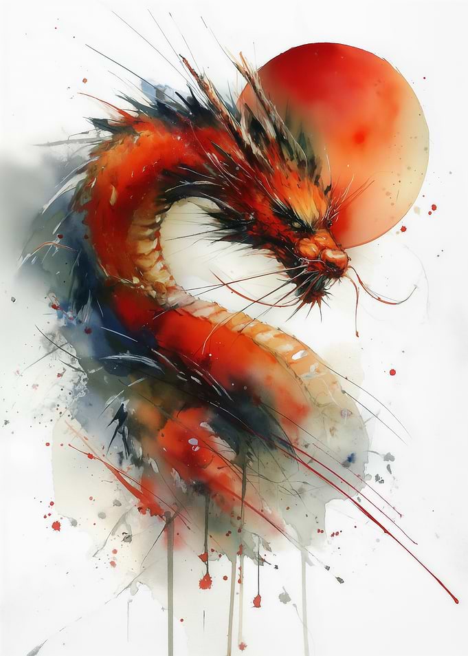 Watercolor Dragon with Red Sun