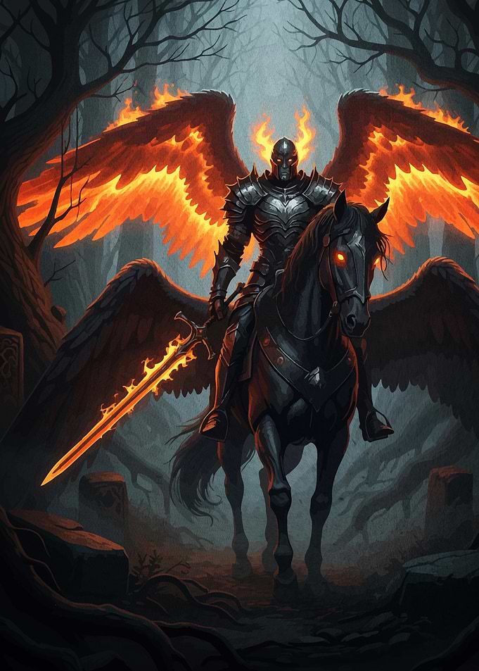 Fiery Knight Horseback Dark Forest