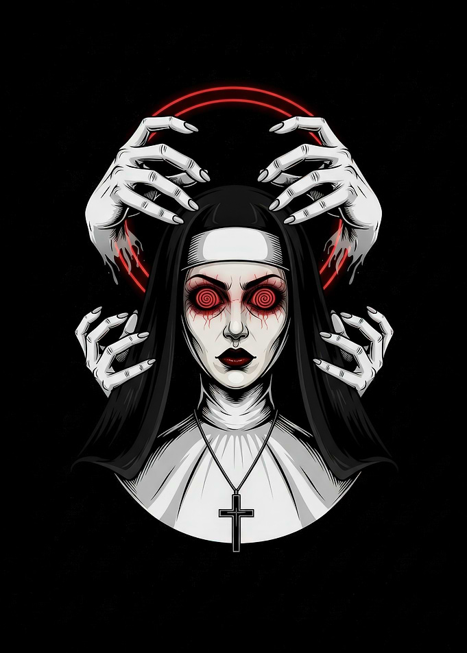 Creepy Nun with Hands and Red Halo