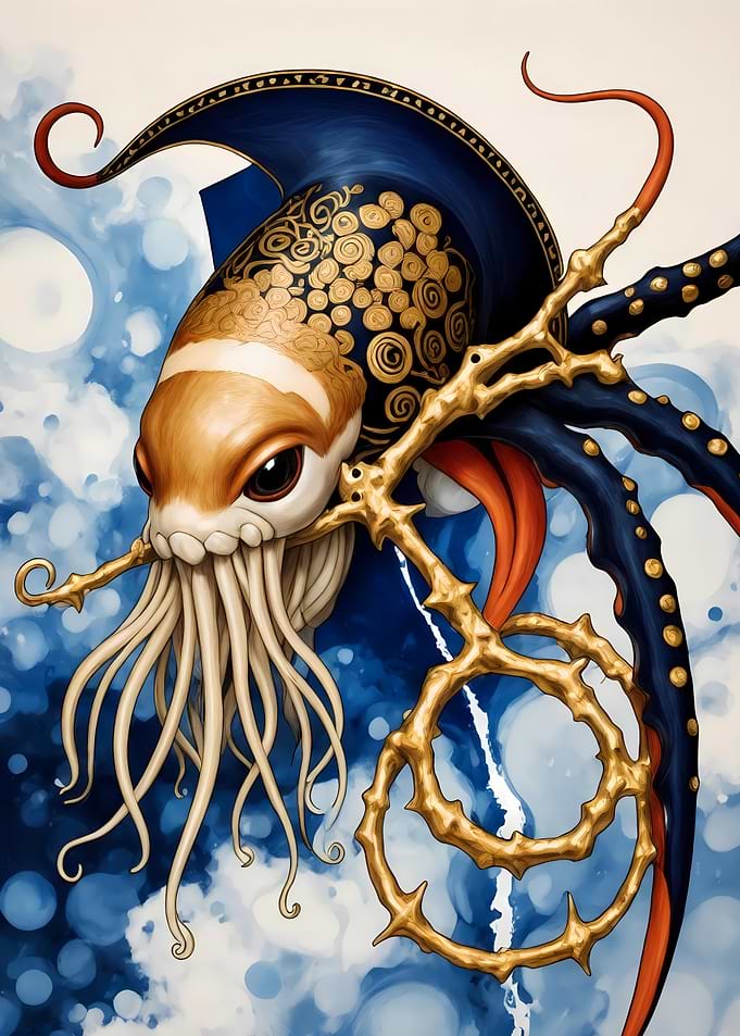 Abstract fantasy #116 - Stylized Octopus Portrait with Golden Accents
