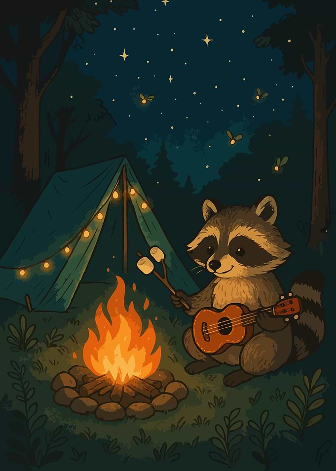 Camping Raccoon with Guitar and Marshmallows
