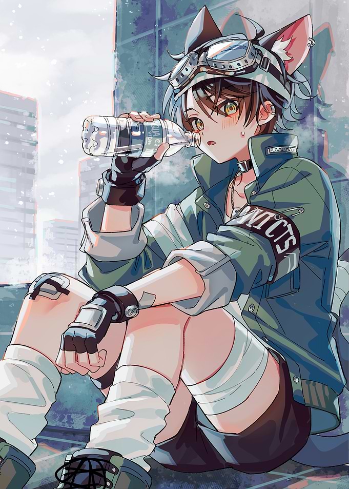 Anime Boy with Cat Ears Drinking Water