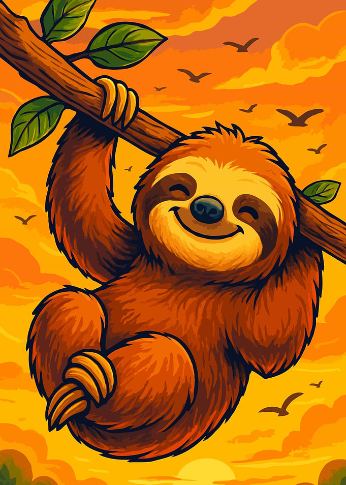 Happy Sloth Hanging on a Branch