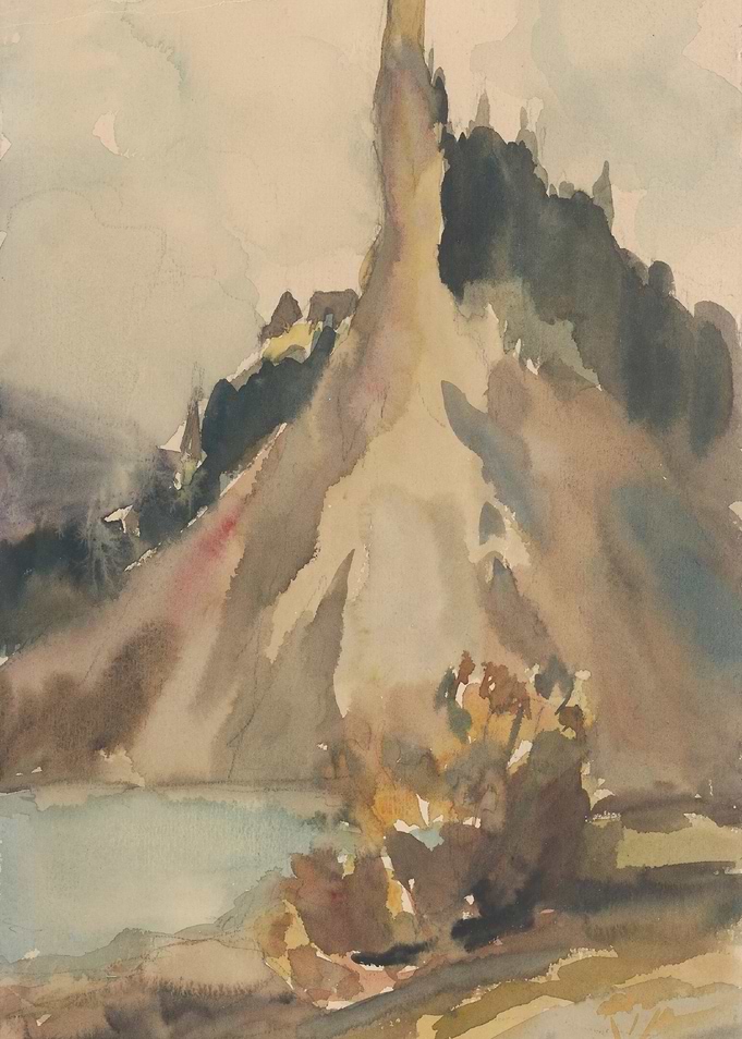 Watercolor Landscape with Mountain and Lake