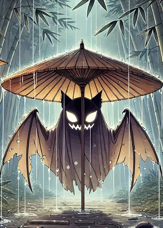 Rainy Bat with Umbrella in Bamboo Forest