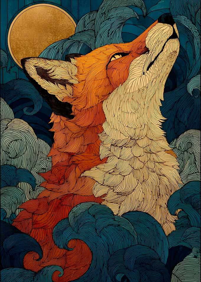 Fox howling at the moon illustration