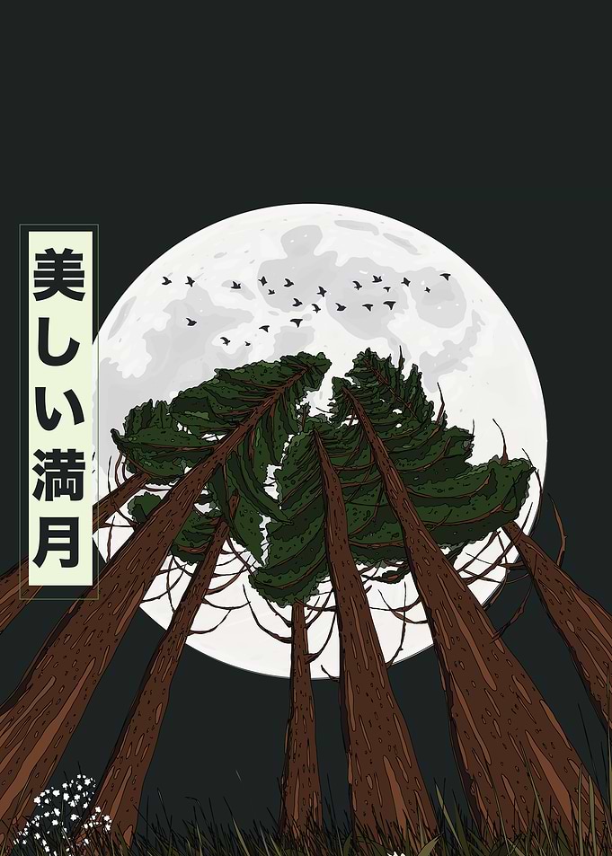 Full Moon Through Trees Illustration