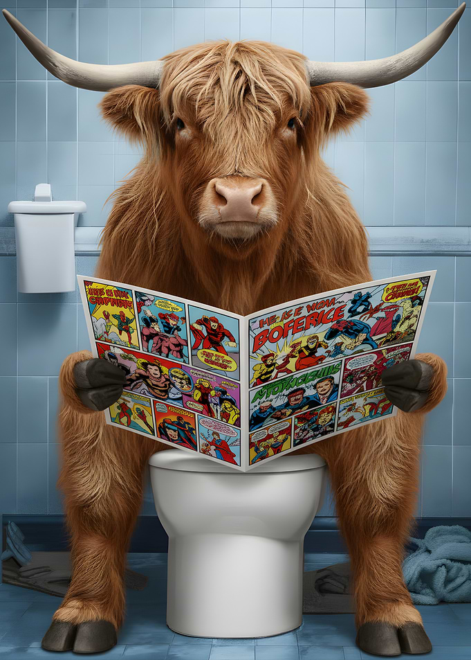 Highland Cow Reading Comics on Toilet