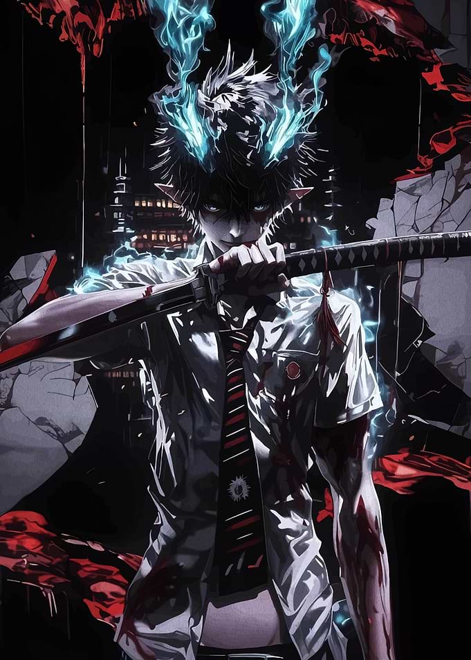 Anime Character with Sword and Flames