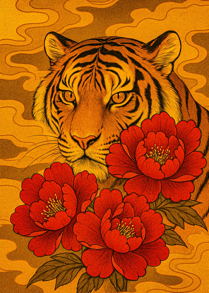Tiger and Red Peonies Illustration
