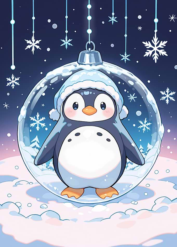 Cartoon kawaii Penguin in Christmas Ornament